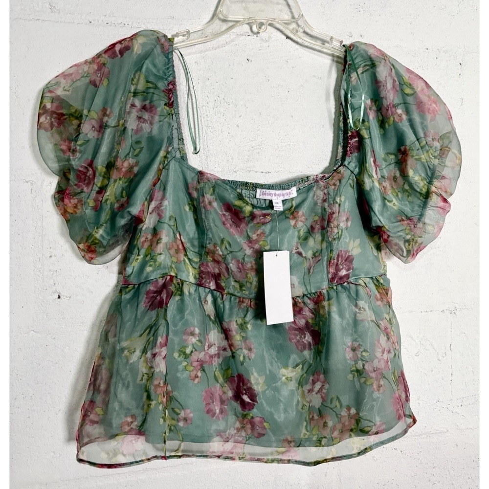 Honey & Sparkle floral puff sleeve peplum blouse XL Sheer Forest Fairy Festival